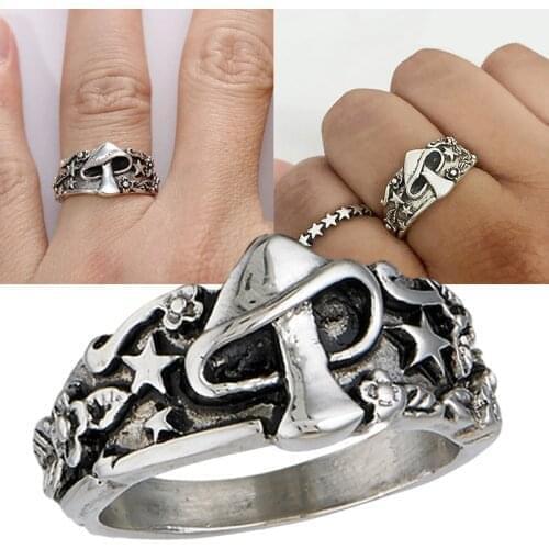 Wild Mushroom Star Flower Pattern Rings for Men and Women Retro Punk Statement Couple Ring Nightclub Hip Hop Biker Ring Gift