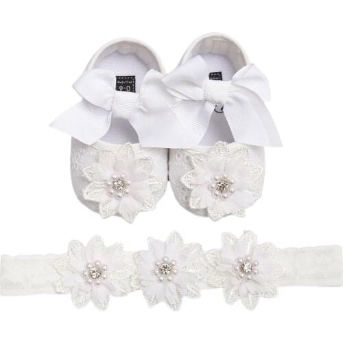 Toddler Baby Girls Shoes with Crown Headband First Walkers Soft Sole Anti-slip Flowers Infant Crib Shose Shoes Prewalker 0-18M