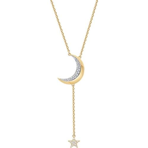 Brand Designer 925 Sterling Silver Yellow Gold Color Moon and Star Necklace Micro 5A Cubic Zirconia Women Fashion Jewelry