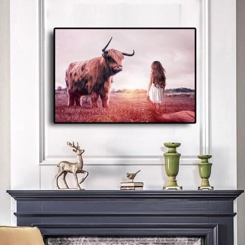 Landscape painting of deer and lion in the forest | Black and white cow animal drawing poster and art mural wall art