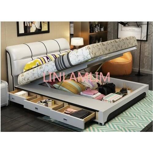 Genuine leather bed frame with storages drawers Modern Soft Beds Home Bedroom Furniture cama muebles de dormitorio camas quarto