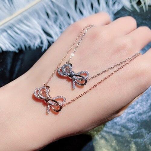 Rose Gold Silver Color Cute Bowknot Pendant Long Chain Necklace for Women with Bling Zircon Stone for Women Fashion Jewelry