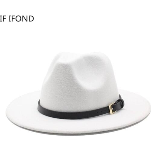 New Women Winter Hats Solid Color Wide Brim Wool Felt Fedora Hat With Leather Gentleman Elegant Jazz Church Formal Sombrero Cap