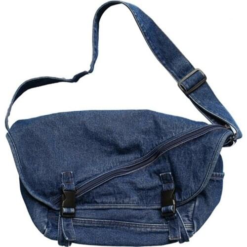 Washed Denim Tooling Messenger Bag Men and Women Personality Street Student Sports Shoulder Bag Dark Blue