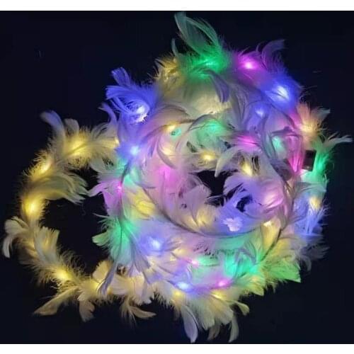 LED White Feather Head Garland Hairband Wreath Ladies Girls Angel Hen Night Fancy Dress Party Glow Headband Battery Replaceable