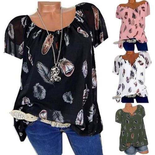 Tops For Women Plus Size Half Sleeve Feather Print Lace-up V-neck Blouse Pullover Tops Shirt Casual Loose 2021 Summer Blouses
