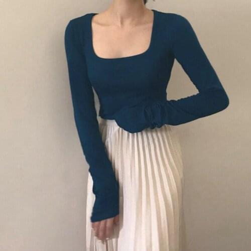 Long Sleeve Square Neck Short T-shirt Women Spring Summer Slim Fit Bodycon Tight Top Vintage Blue Black Green Top Tee Female