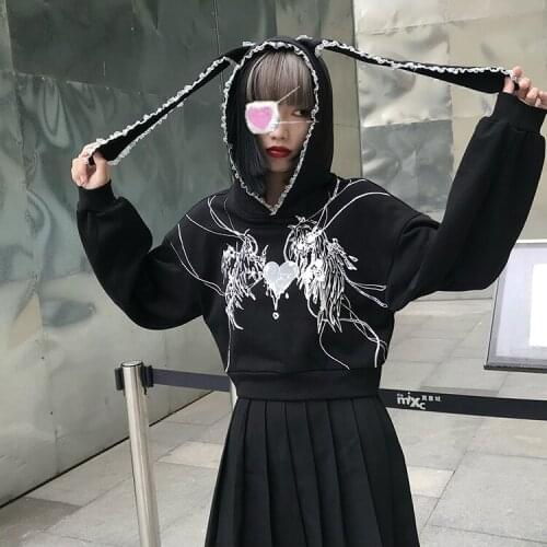 New Spring Autumn Japanese Women Punk Black Print Hoodies Long Sleeve Gothic Cute Lace Rabbit Ears Casual Kawaii Girl Pullover