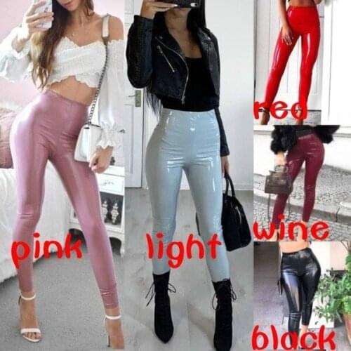 Faux PU Leather Women Pencil Pants Side Split Skinny Bodycon High Waist Tight Trouser Black Fashion Fall 2021 Clothing