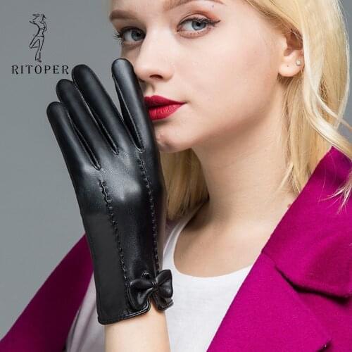 RITOPER Women Sheepskin Faux Leather Glove Wear Resistant Female Windproof Touchable Mittens Plus Velvet Thickening Warm Gloves