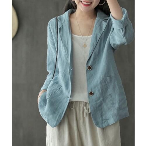 Women Cotton Linen Casual Blazer Jackets New 2021 Summer Vintage Style Solid Color Loose Ladies Thin Outerwear Coats S3890