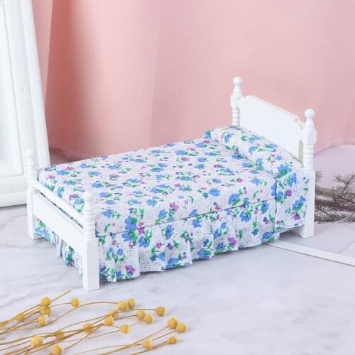 1Pc 1:12 Mini Bed With Pillow for Girls Dolls Dollhouse Bedroom Furniture Blue Color Toy For children Doll Pretend Play Toy