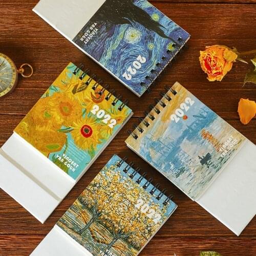 2022 Creativity Mini Calendar Retro Oil Painting Coil Desktop Desk Calendar Students Learning Schedule Planning Office Supplies