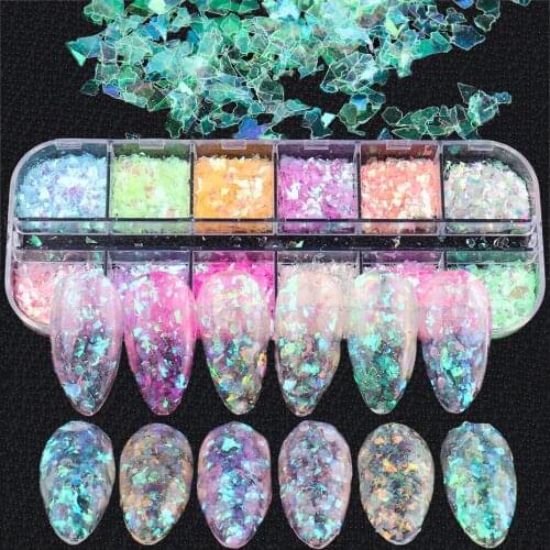 12 Grids 3D Nail Sequins Glitter Holographic Irregular Fragment Fluorescence Slice Sparkly Aurora Flake Nail Art Decoration LYSP