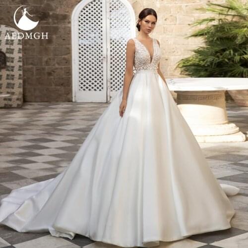 Aedmgh Satin A-Line Wedding Dresses 2021 Sweetheart Sleeveless Bride Dress Lace Appliques Beading Customized Robe De Mariee