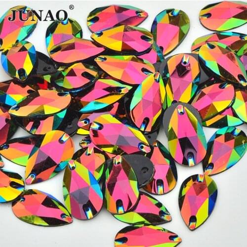 JUNAO 17*28mm Sew On Red AB Large Drop Rhinestone Resin Crystal Strass Flat Back Gems Sewn Stones for Dress Needlework Crafts