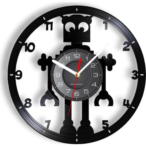 Childrens Robot Vinyl LP Record Wall Clock Boys Bedroom Nursery Decor Sci-Fi Wall Art Vinyl Album Disk Crafts Silent Wall Clock