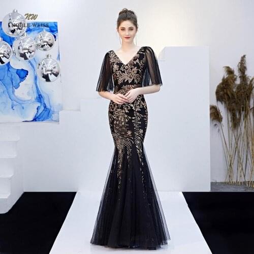 Mermaid Long Black Evening Dress Sequin Zipper Back Sexy V-Neck Party Dresses Prom Gown With Sleeves