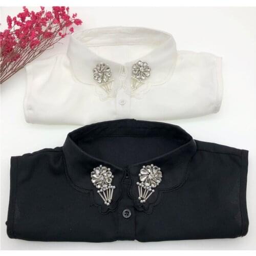 Women Handmade Beads Fake Collar Shirt Female Detachable Collars Lady Removable Lapel White Half Shirt Turn Down False Collar