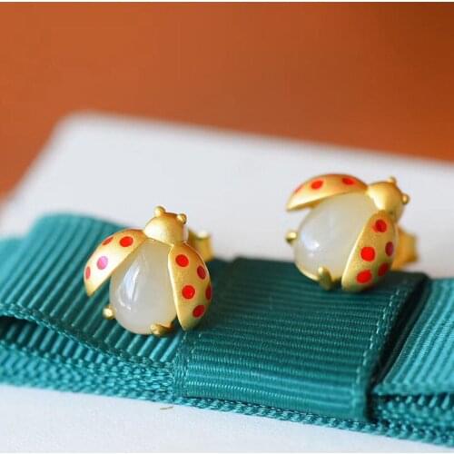 Ancient Gold S925 Sterling Silver LADYBIRD Stud Earrings Natural Hetian Jade Beetle Stud Earrings Cute Pet Cartoon Earrings for