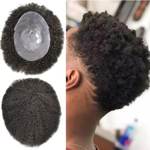 Eeka Hair Afro Toupee 6MM Weave Hair Unit Black Mens Curly Toupee 100% Human Hair African American Full Skin Toupee for Men(Dawn
