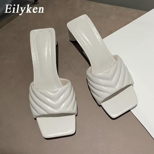 Eilyken High Quality PU Leather Womens Mules Slippers Summer Open Toe Outdoor Sexy Square High Heel Sandals Femme Dress Shoes