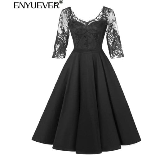 Enyuever Lace Black Dress Women Clothing Plus Size Patchwork Backless 3/4 Sleeve Robe Pin Up Short Dinner Dress Party Vestido