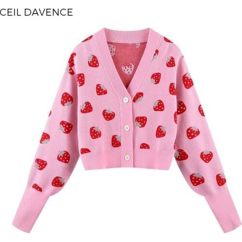 2021 New Spring Autumn Strawberry Print Women Cardigans Sweater Fashion Slim Ladies Knitted Sweater Korean Style Female Tops