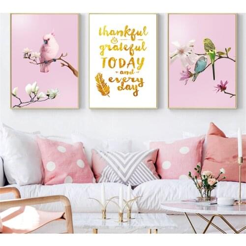 Canvas Art Painting Pink Parrot Bids and Flower Tree Prints Bird Poster Wall Art Inspirational Quotes Living Room Nursery Decor