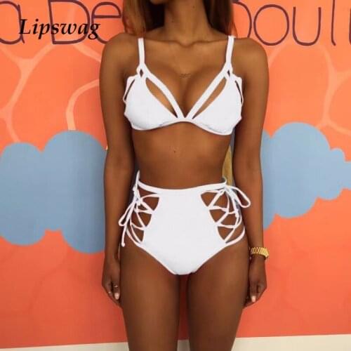 Sexy Solid Color Deep V Bandage Swimwear Women Hollow Out High Waist Cross Bandage Bikini Set Fashion Two Piece Brazil Beachwear
