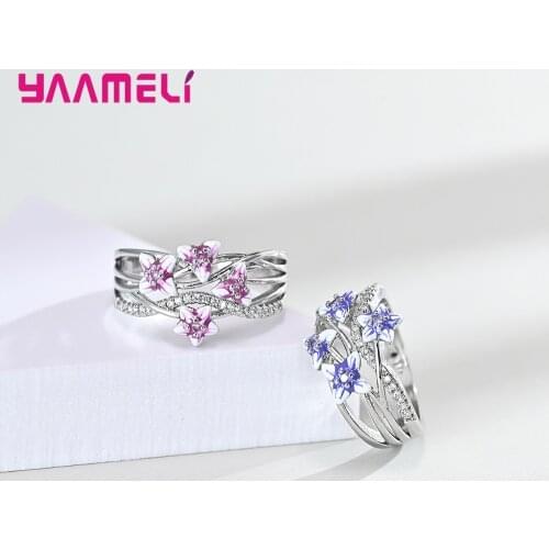 Fashion Elegant Zirconia Flower Rings for Women Handmade Enamel Crystal Luxury 925 Sterling Silver Wedding Finger Ring Jewelry