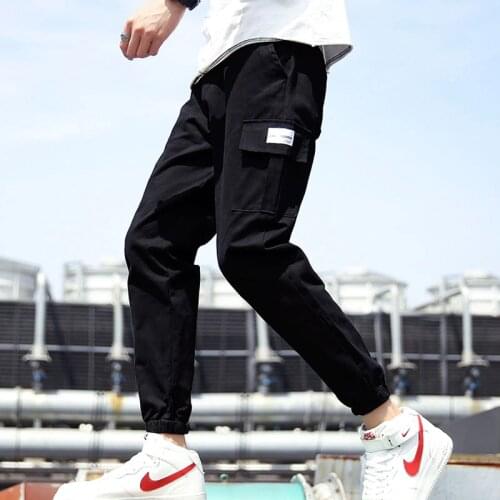 Men cargo pants 2021 new spring and autumn trend pockets letter male ankle-length pants Korean style black hot sale n54