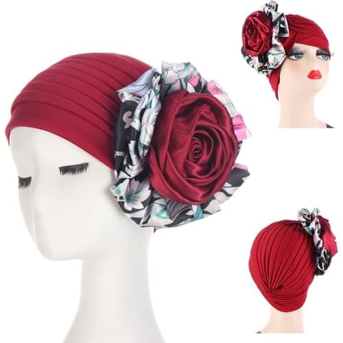New Fashion Rose Flower Turban Stretchy Bonnet Cap For Muaslim Women Hats Wrinkle Headband Decoration High Elasticity Bandanas