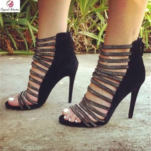 Original Intention Super Sexy Women Sandals Nice Rhinestone Open Toe Thin Heels Sandals Fashion Black Shoes Woman Plus Size 4-20