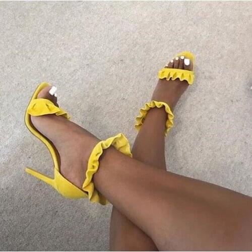 Sexy Yellow Ruffles Women Sandals High Heeled Ankle Wrap Summer Dress Shoes Cut-out Thin Heels Gladiator Sandals Shoes Big Size