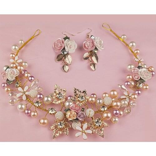 Luxury Pink Gold Pearl Bridal Crowns Handmade Tiara Bride Headband Crystal Wedding Diadem Queen Crown Wedding Hair Accessories