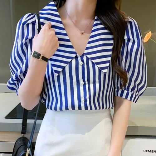 Blue Stripe Shirts Women Button Up Blouses Lantem Sleeve Korean Slim Clothes Sweet Girls Tops Summer 2021 Casual Camisas Mujer