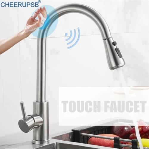Touch Sensor Faucet Kitchen Sink Automatic Smart Tap Pull Out Flexible Grifo Hot Cold Mixer Crane Stainless Steel Touch Torneira