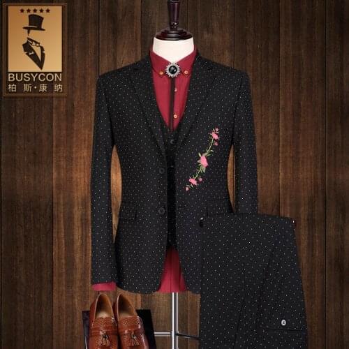 Three Pieces Flower Embroidery Tuxedo Grooms Wedding White Dot And Black Skinny Suit For Men