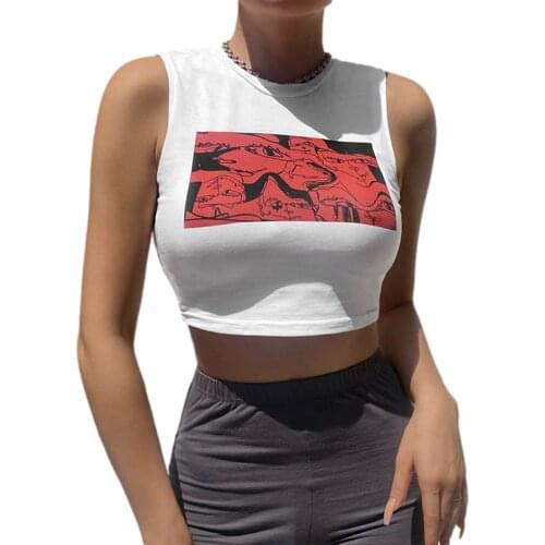 Ladies Summer Sexy Midriff-baring Camisole Creative Abstract Printing Round Collar Sleeveless Tops Slim Base Shirt