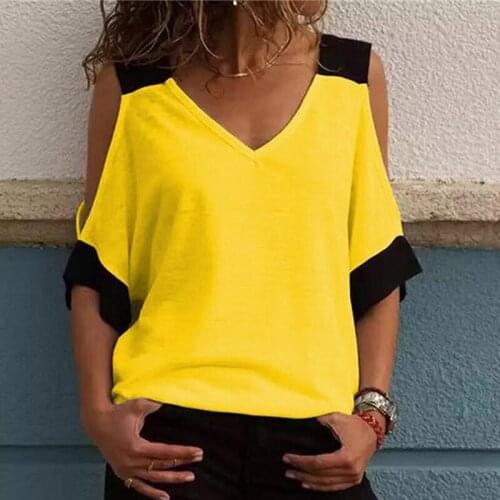Women Sexy Off-the-shoulder V-neck T-shirt Casual Loose Solid Color Tees Fashion Tshirt Tops Patchwork T Shirt For Women