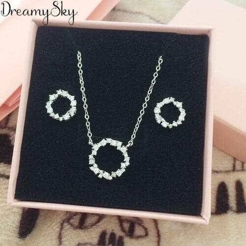 Korean Bridal Jewelry Sets Silver Color Rhinestone Choker Necklaces Circle Round Earrings for Women Pendientes Brincos