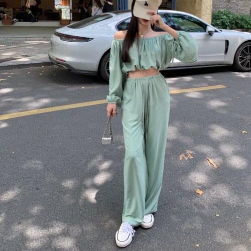 Summer Autumn Pants Sets Casual 2 Two Piece Set Women Long Sleeve Off Shoulder Crop Top + High Waist Wide Leg Long Pants Suits