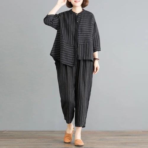 Women Cotton Linen Striped Casual 2 Piece Set Big Size Summer Fashion Loose Half Sleeve Irregular Blouse + Baggy Harem Pant Suit