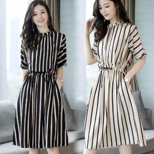 Women Summer Dress Half Sleeves Slim Fit Striped Round Neck Elastic Waist TT@88