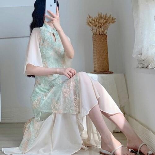 Women 2021 Summer Dresses Elegant A-Line Vestidos Solid Short Sleeve Empire Stand-Neck Ladies Embroidery Mesh Dress