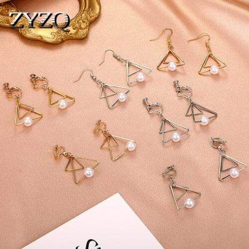 ZYZQ Korean Simple Metal Triangle Imitation Pearl Drop Earrings For Women Personality Geometric Earrings Fashion Jewelry