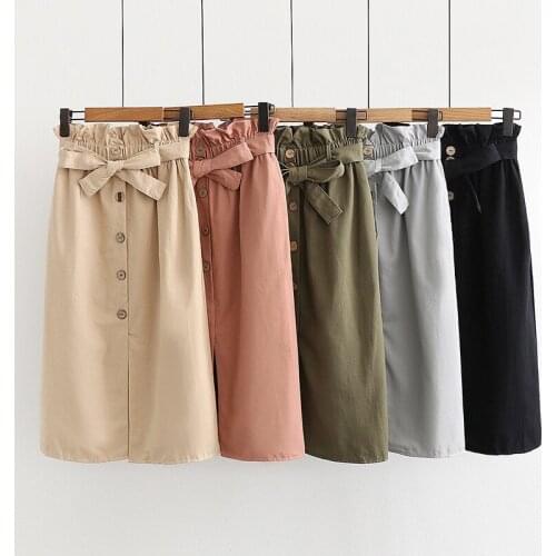 2019 Summer Women Skirt Solid Elastic High Waist Skirt With Belt Casual A-line Midi Skirts Split Ladies Office Saia Skirts R266