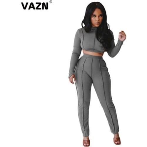 VAZN 2021 Solid Special Sexy Elegant O-neck Two Piece Set Full Sleeve Top And Full Pant 2 Piece Set Women Autumn Suit