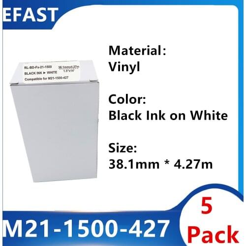 5 Pack M21 1500 427 prin sleeves Labeling Tapes Vinyl Black on White Portable Printer BMP21-PLUS BMP2 -LAB 38.1mm * 4.27m